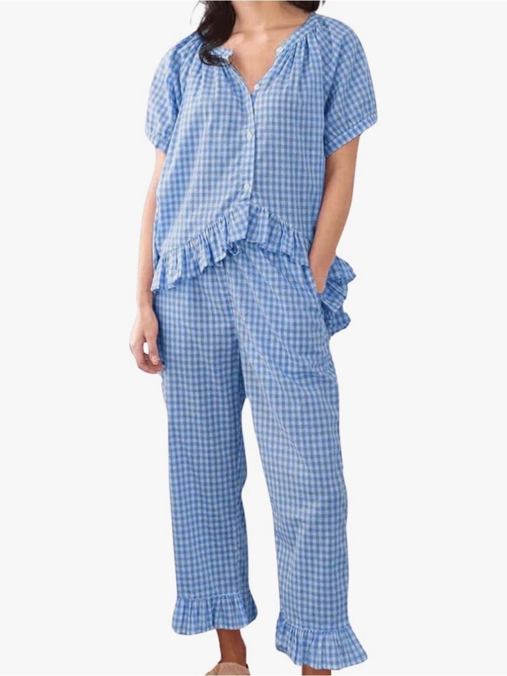 Blue Gingham Ruffle Pajama Set